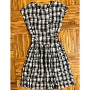Vintage Plaid Asymmetric Button Midi Dress Black White